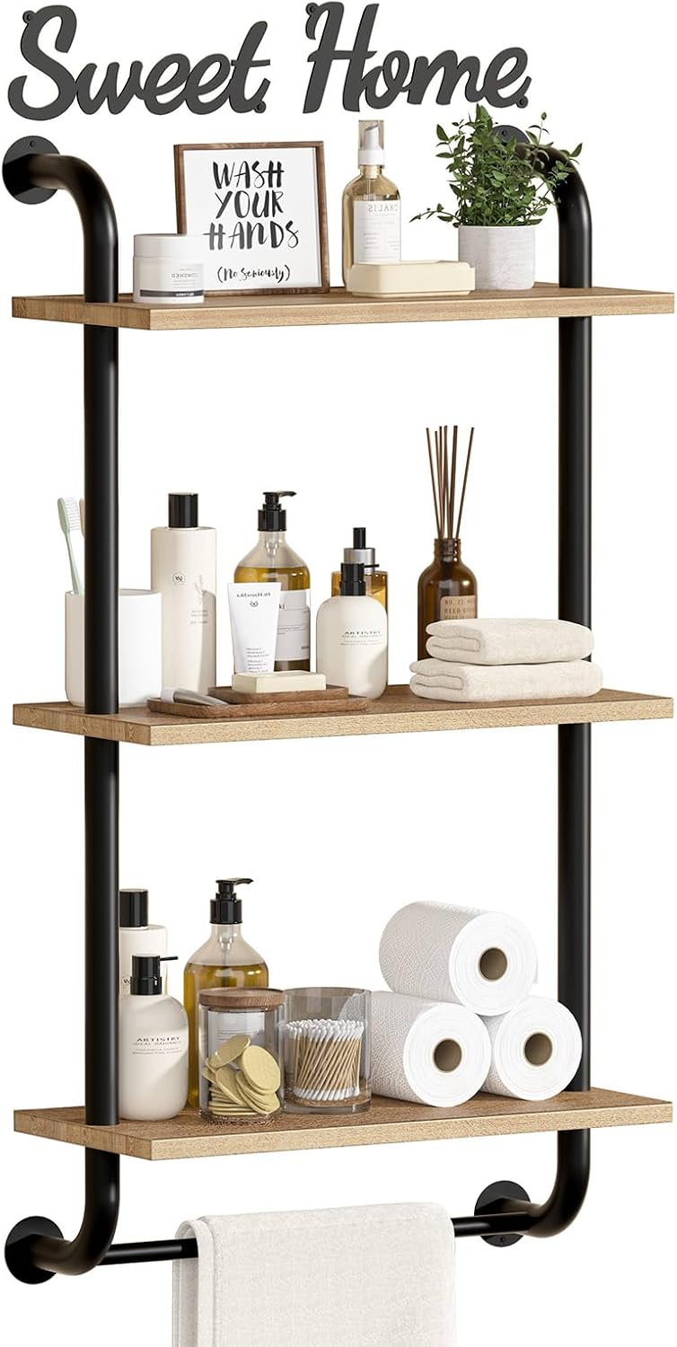 Tinpin 3 Tier Wall Shelves Over Toilet Rustic Industrial Floating Shelf