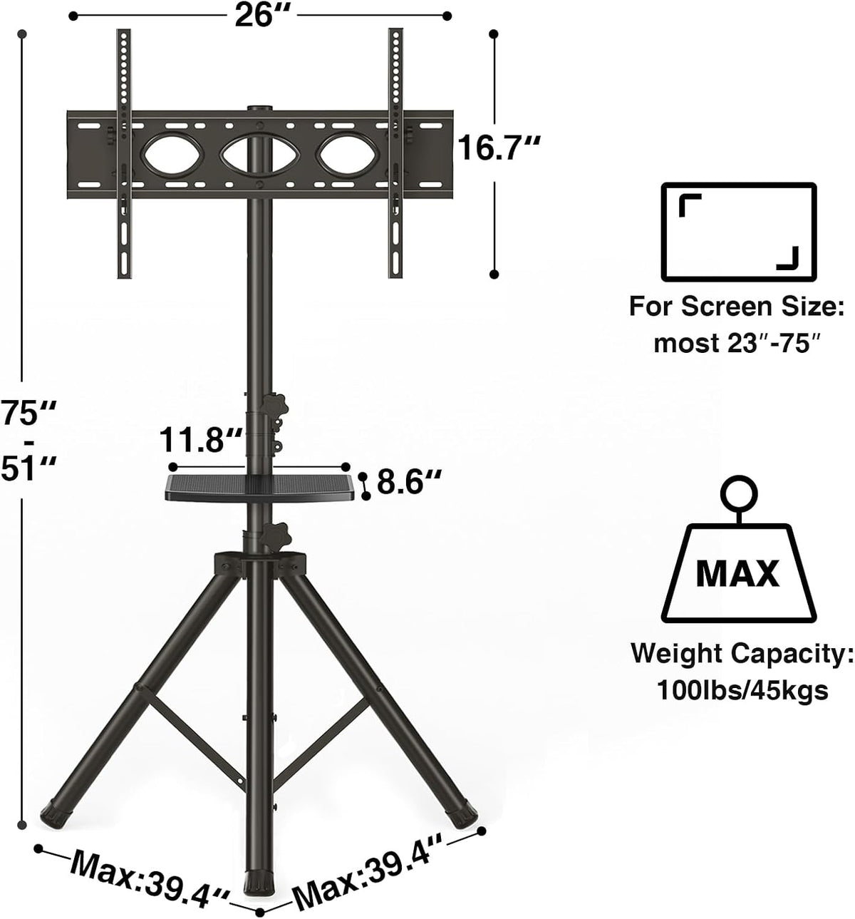Tripod TV Stand with Shelf for 23-75 inch TVs up to 100 lbs