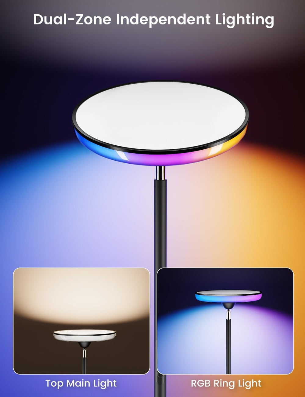 UFO Torchiere Floor Lamp, RGB Ambient Light, 42W 3700LM, Black