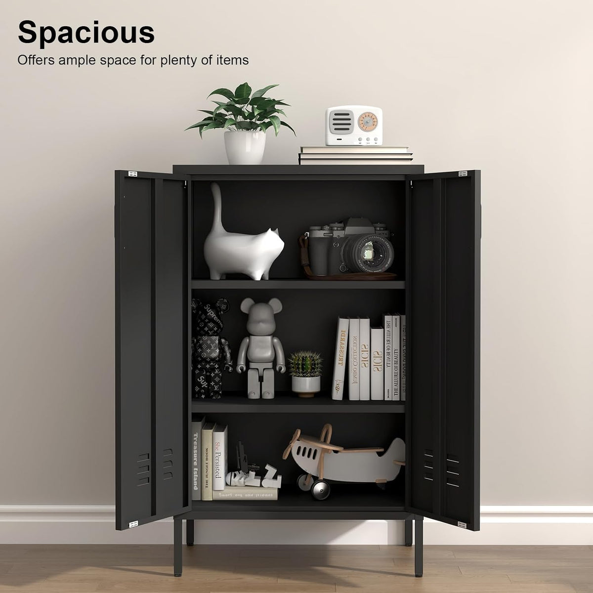 IRONFFICE Metal Storage Cabinet,Metal Cabinets with Doors and Adjustable Shelves,2 Door Storage Cabinets with Legs,Morden Accent Cabinets for Home Office,Black