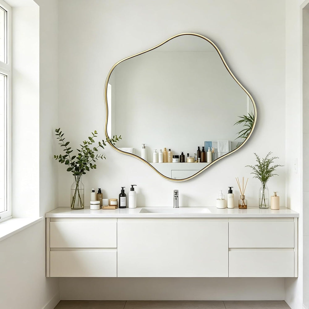 35" Scalloped Irregular Wall Mirror with Gold Metal Frame