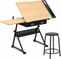 Athena Collection Wooden Drafting Table W/Stool, Tilting Art Desk, Natural