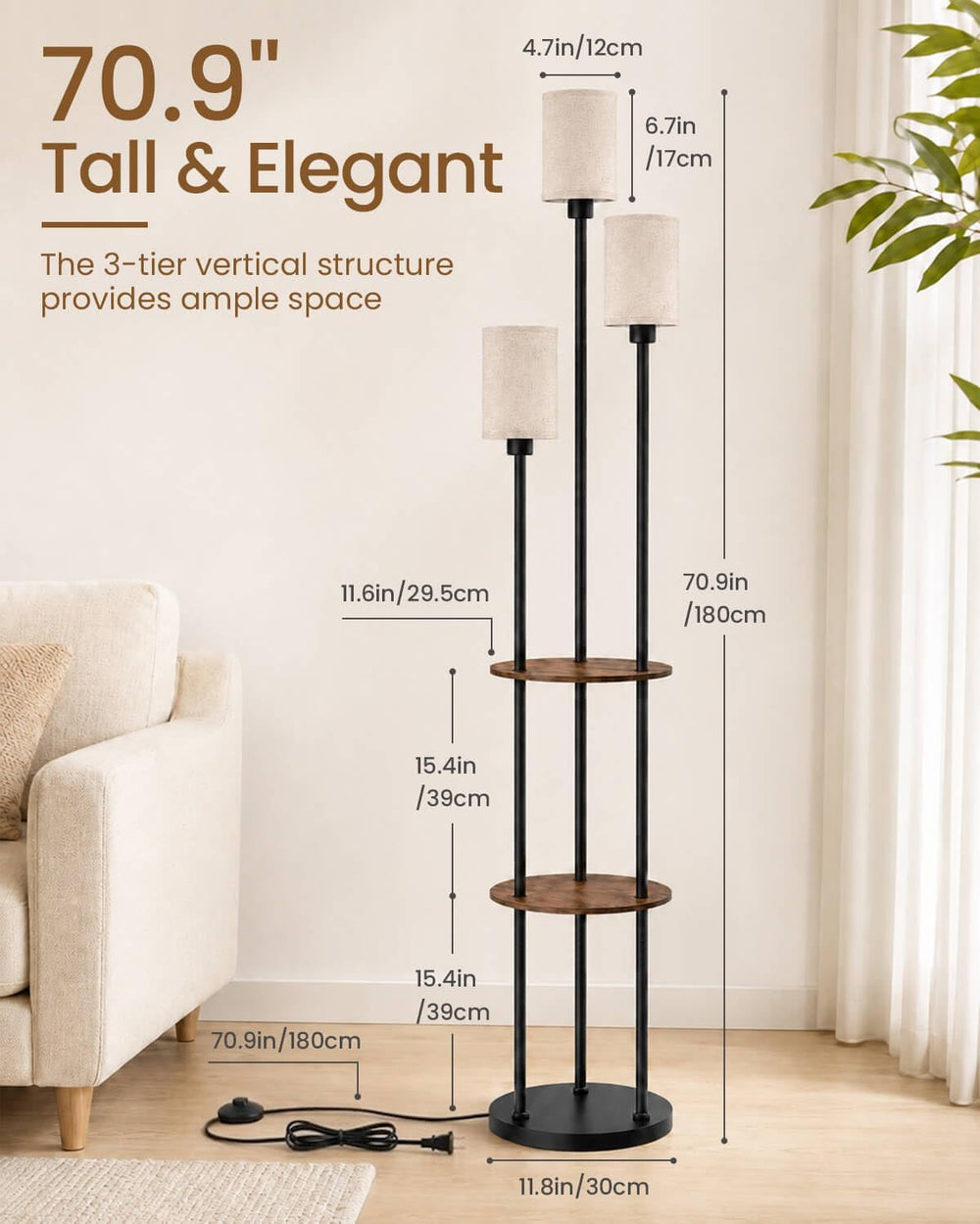 KIZON 71" Floor Lamp with Shelves, 3-Tier Standing Light, Black and Beige