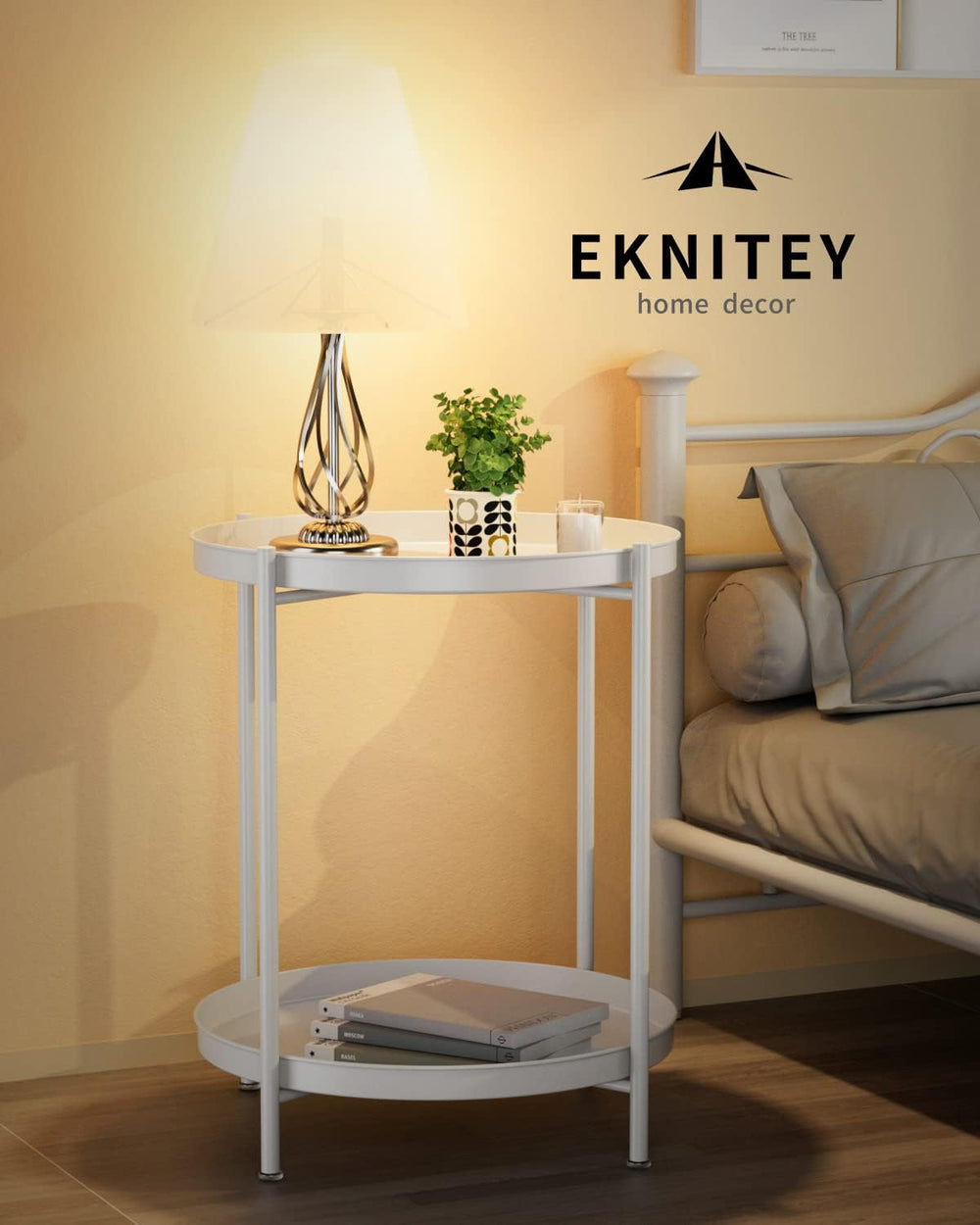 EKNITEY 2 Tier End Table - Metal Side Table with Removable Tray (White)