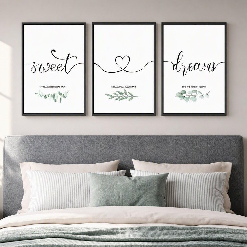 Framed 3 Piece Sweet Dreams Minimalist Canvas Wall Art Bedroom, 16x24 Inch