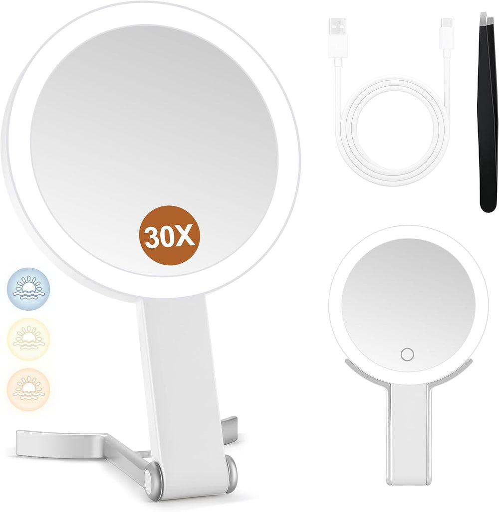 MIYADIVA Travel Makeup Mirror with Lights, Height Adjustable 30X/1X Double-Si...