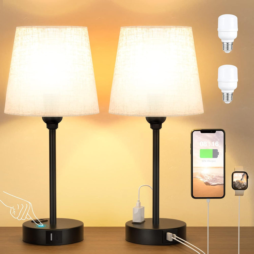 Bedside Table Lamps Set 2 for Bedroom - Dimmable Touch, USB C+A, AC Outlet