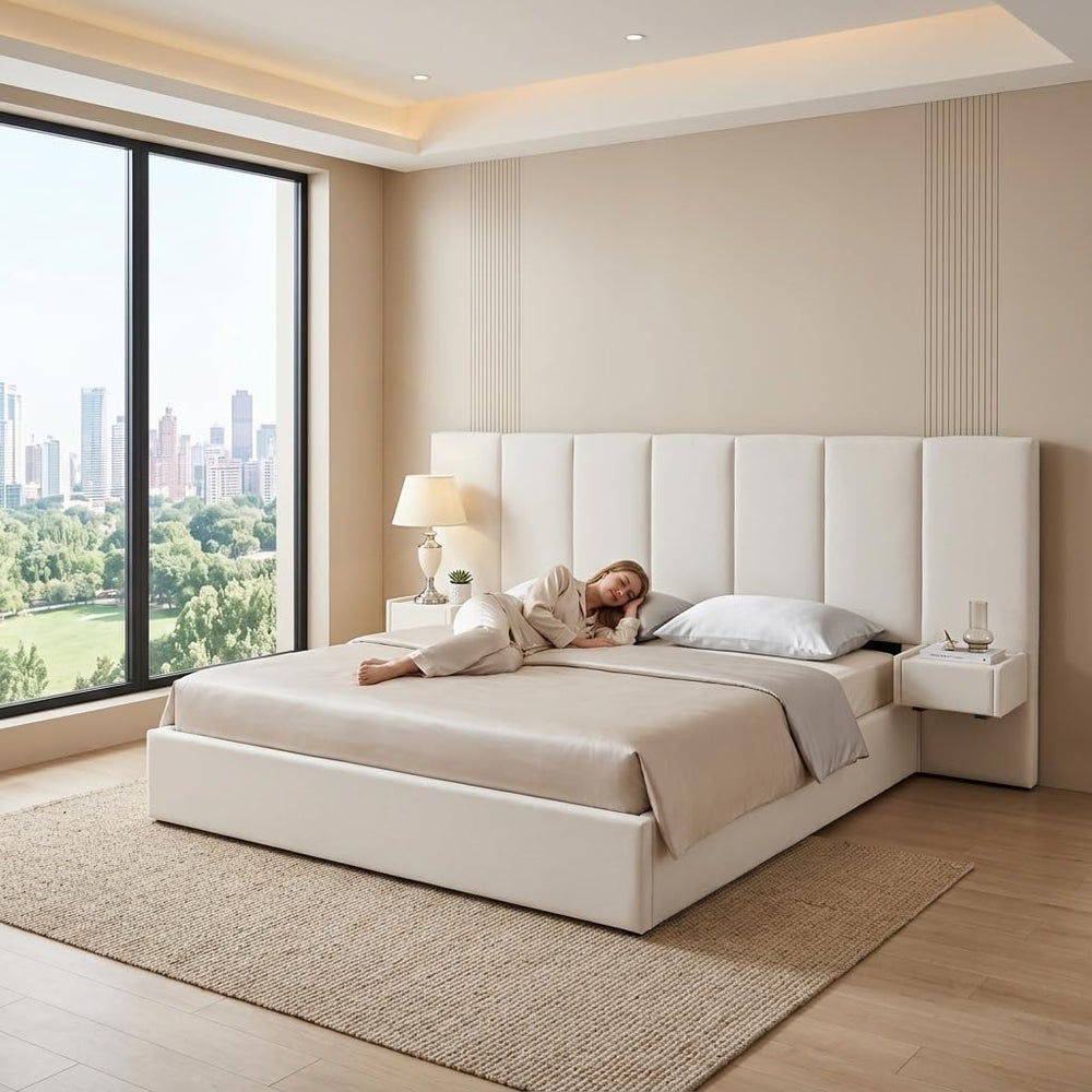 King Size Lift Up Storage Bed Frame with 2 Built-in Nightstands, Beige