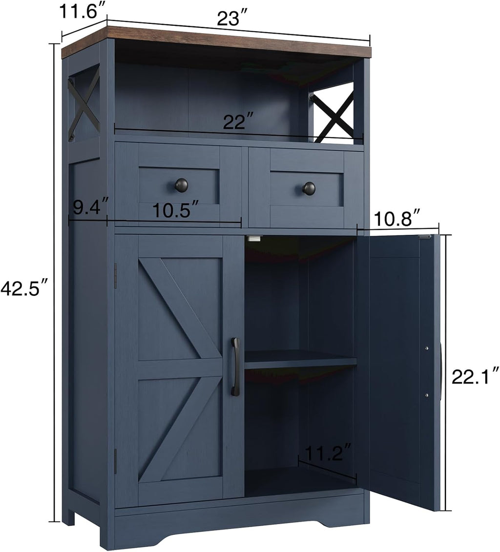 Farmhouse Storage Cabinet with Drawers, Small Kitchen Pantry Cabinet, Blue