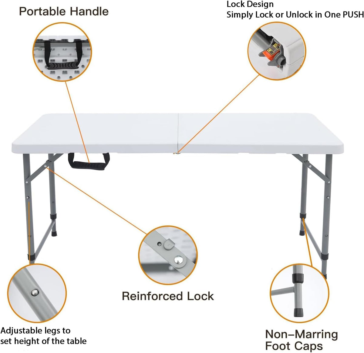Lakhow 4FT Folding Table,3-Level Adjustable Height Heavy Duty Plastic Utility Table with Carrying Handle,White | Fold in Half,HDPE Top for Indoor Outdoor Camping Party Dining