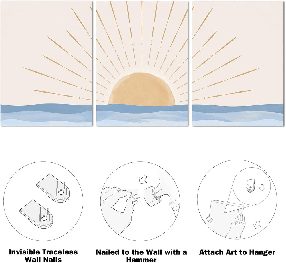 Boho Wall Art Set of 3, Neutral Geometric Sun Rising on the Sea Minimalist Ar...
