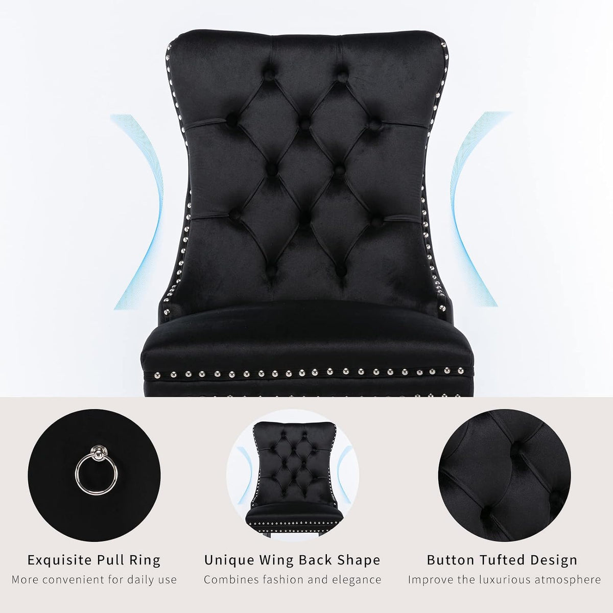 black velvet dining chairs set of 4, tufted showing dimensions