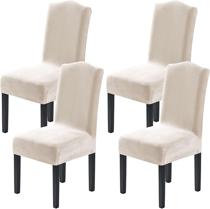 H.VERSAILTEX Dining Chair Covers Velvet Stretch Chair Covers for Dining Room Set of 4 Parson Chair Slipcovers Chair Protectors Covers Dining, Soft Thick Solid Velvet Fabric Washable, Ivory