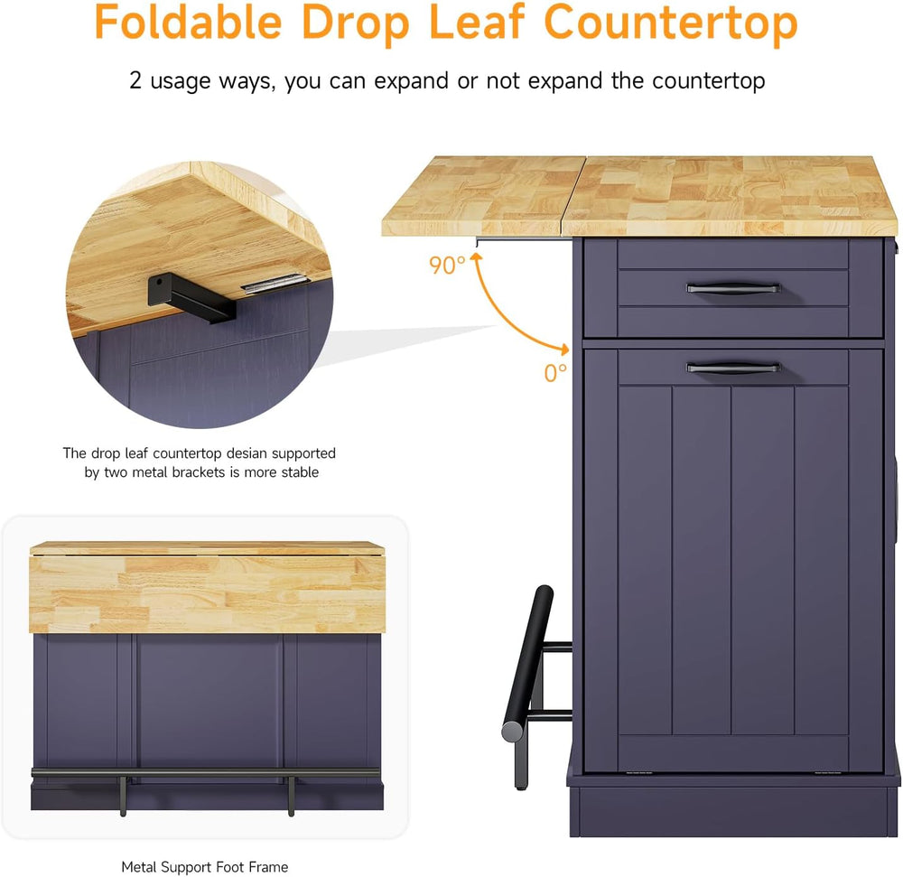 ONBRILL 47" Kitchen Island with Trash Can Storage, Include 2 Chairs, Blue
