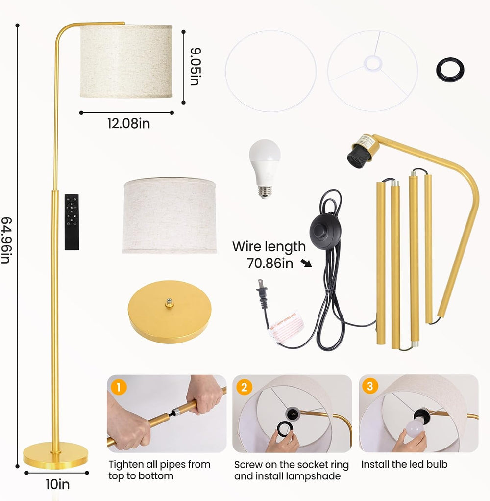 Arc Floor Lamp with Remote Control Dimmable Gold lamps for Living Room
