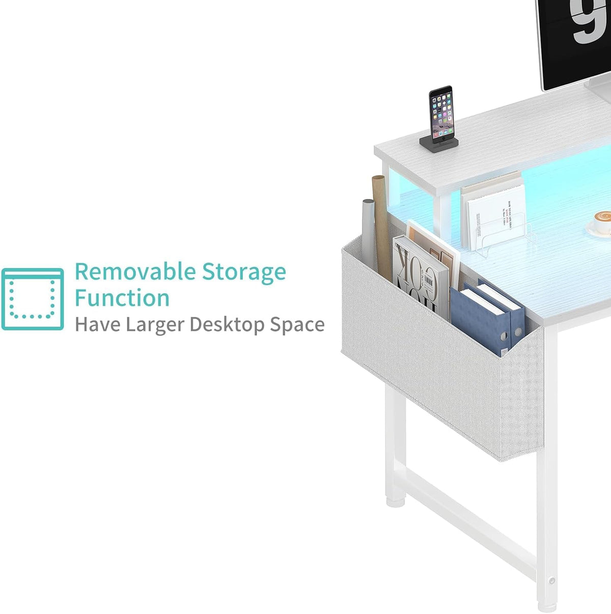 Lufeiya White Computer Desk with LED Lights and Power Outlets, 40 Inch Home Office Desks with Monitor Stand, Teen Writing Study Table Gaming Desk with Charging Station, White