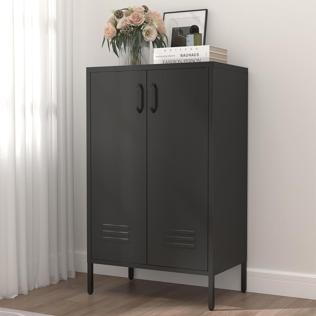 IRONFFICE Metal Storage Cabinet,Metal Cabinets with Doors and Adjustable Shelves,2 Door Storage Cabinets with Legs,Morden Accent Cabinets for Home Office,Black