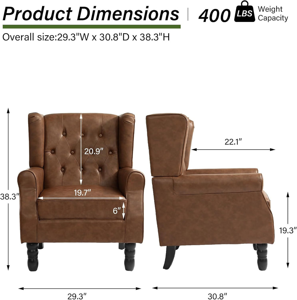 Faux Leather Wingback Accent Chair, Tufted High Back Armchair, Brown