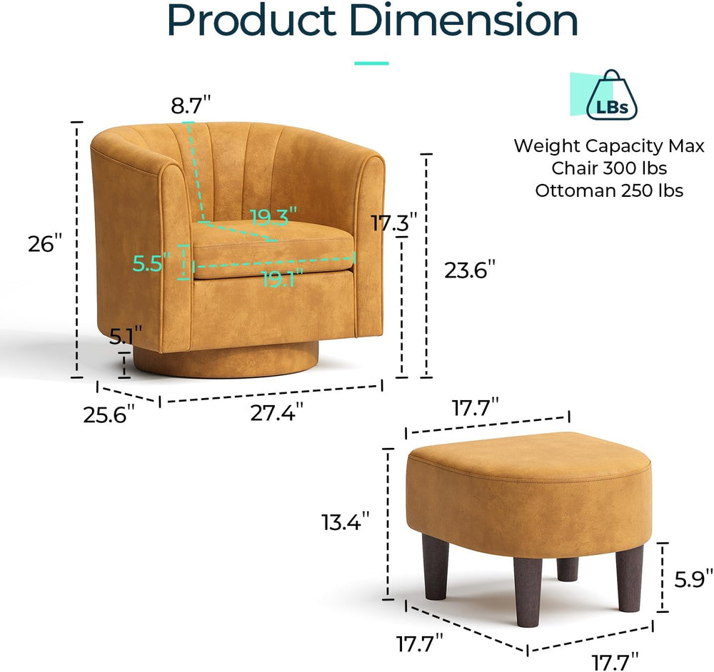 LINSY Swivel Accent Chair with Ottoman: Small Velvet Barrel Chair 360 Swivel ...