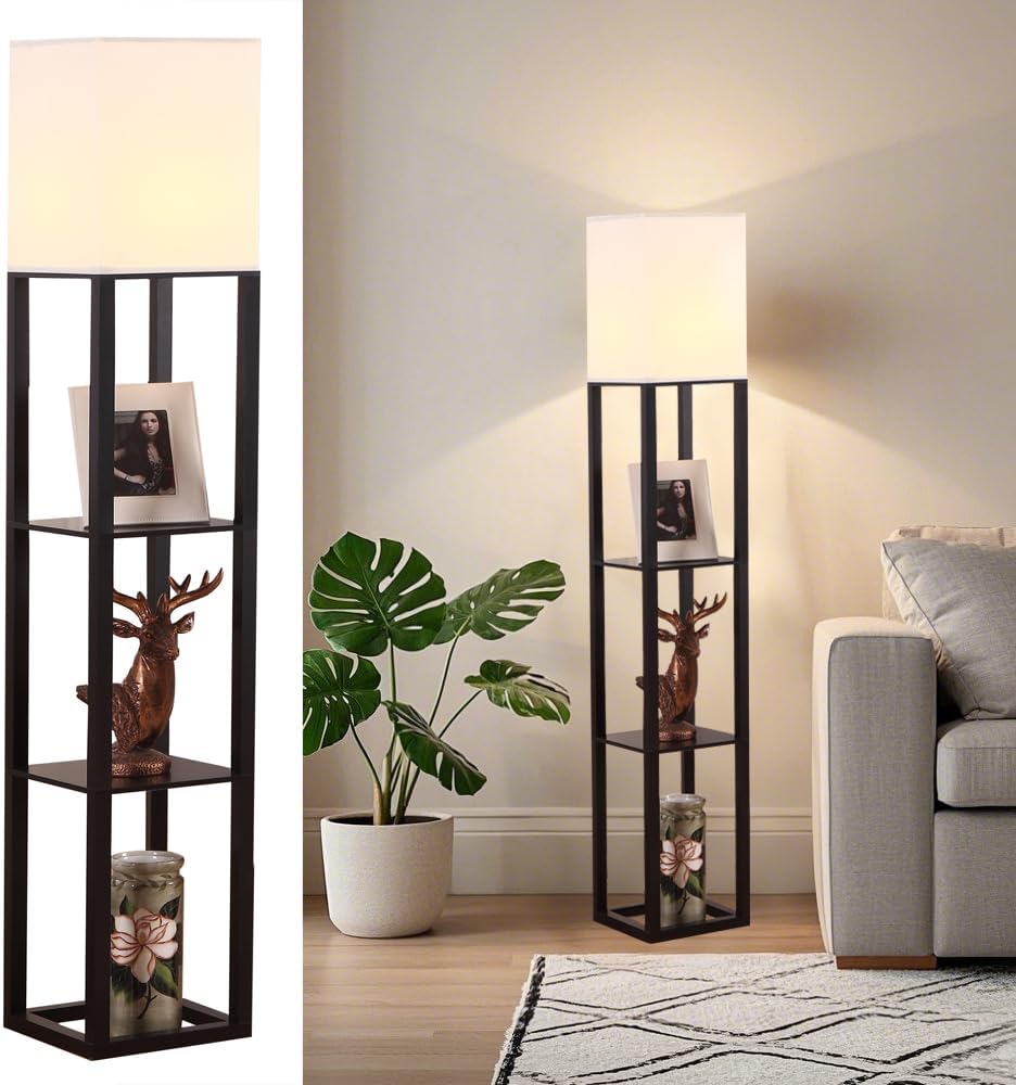 Floor Lamp,Lamp with Shelves,Floor Light for Living Room,Bedroom,Wood,Black