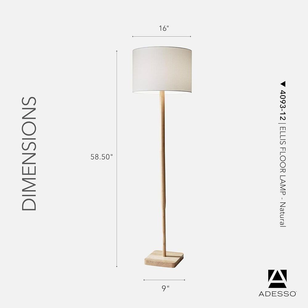 Adesso Floor Lamp, Natural Rubberwood & White Linen, 3-Way, 58.5”