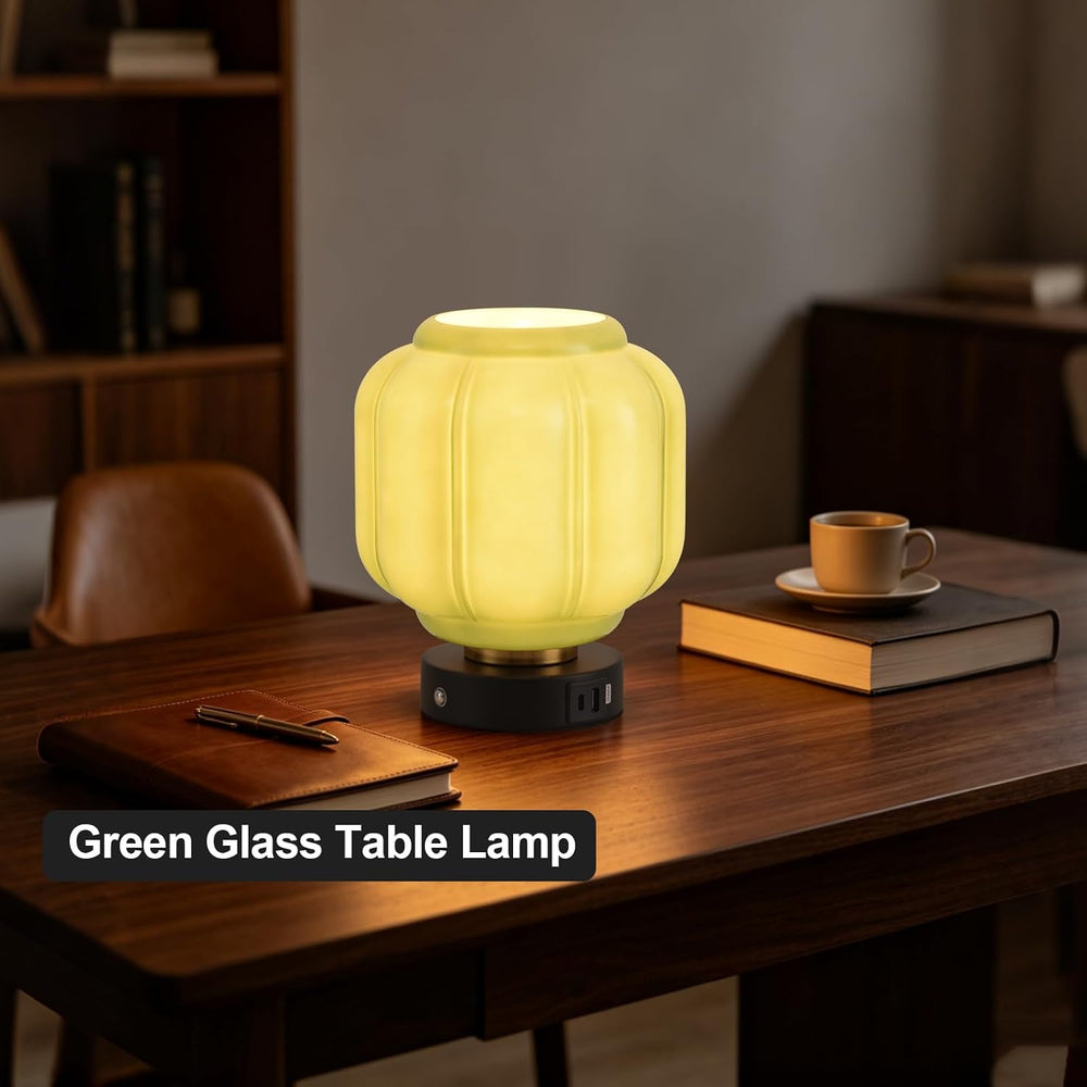 Rechargeable Table Lamp, Cordless Green Glass Bedside Lamp Small