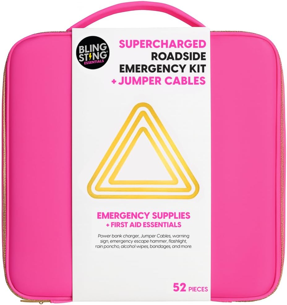 Supercharged Car Emergency Kit – 52-Piece Pink Roadside Safety Tools with Jum...