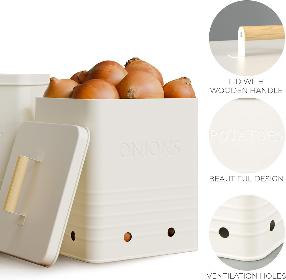 Beautiful Potato and Onion Storage Container Set - Food Safe Metal Bins