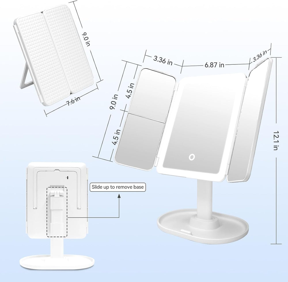 2X/3X/10X Makeup Mirror with Lighting，Trifold Magnifying Vanity Mirror