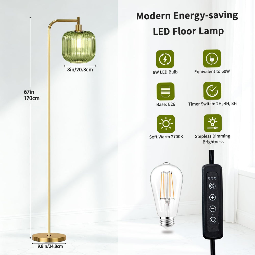Green Glass Floor Lamp, 67" Tall Reading Lamp, Touch Control,2H/4H/8H Timer