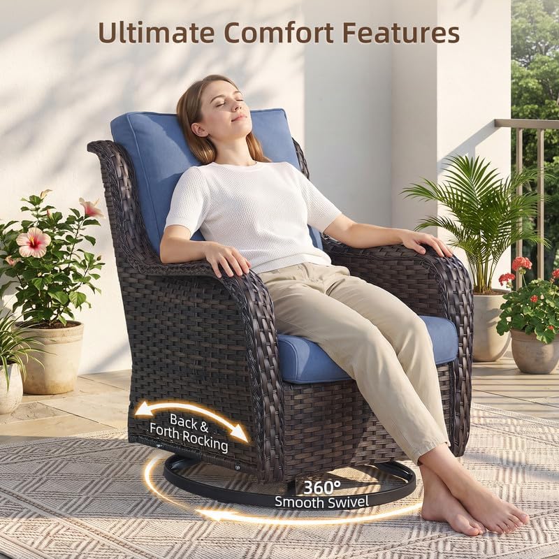 2 Pieces Outdoor Wicker Swivel Rocker Patio Chairs Set of 2, Cushions Blue