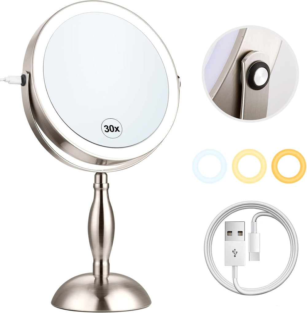 Makeup Mirror with Light - Brushed Nickel, 30x Makeup Mirror with 3 Colors
