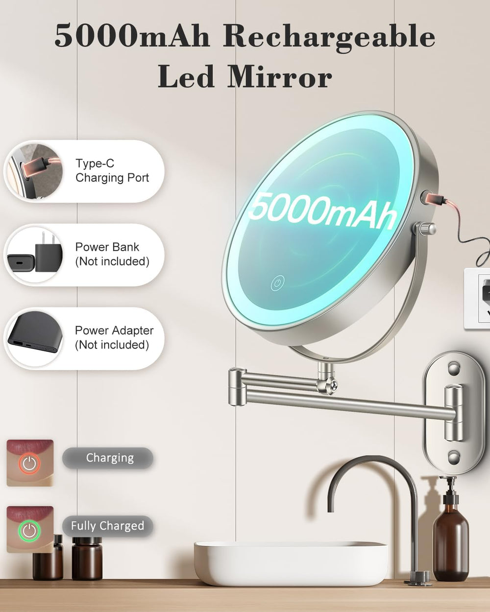 20X 9" Wall Mounted Magnifying Makeup Mirror with Light Height Adjustable
