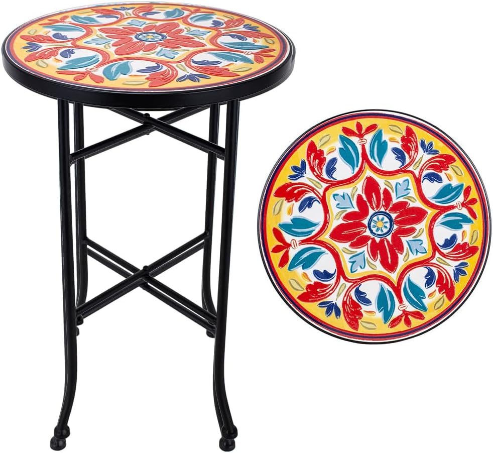 14 Inch Mosaic Patio Round Side Table with X-Straight Legs