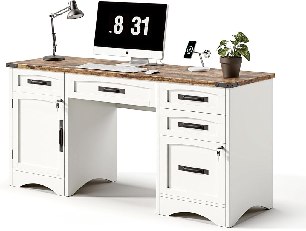 Decofy Farmhouse Executive Desk with Drawers, 55" Home Office Desks with Fast Charging Station, Lockable File Cabinet, Wood Writing Computer Desk for Work, Study