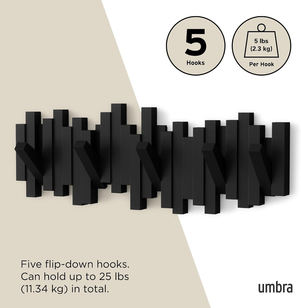 Umbra Sticks Wall Mount Coat Rack, 5 Hook Retractable Pegs, Black
