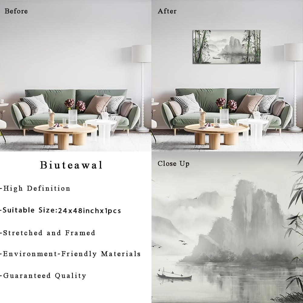 Biuteawal Black and White Nature Landscape Wall Art Green Bamboo Picture Canv...