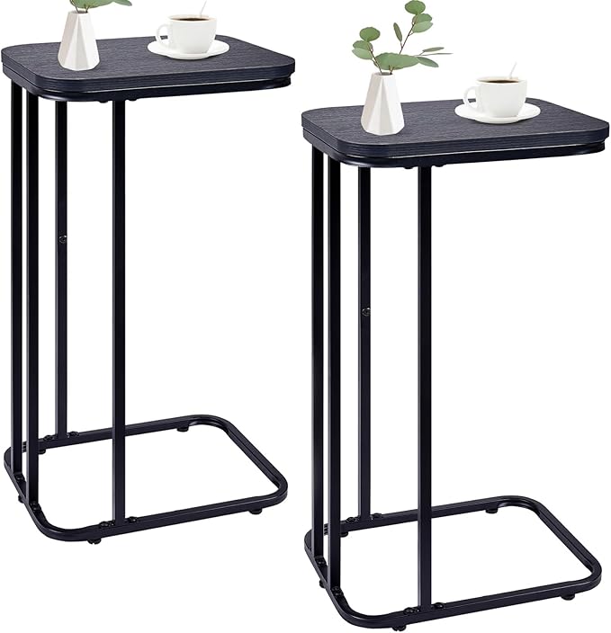 C Shaped End Table Set of 2, Small Side Table for Sofa and Bed, Couch Tables That Slide Under, Tall Tv Tray Table for Living Room, Bedroom, Ebony Black