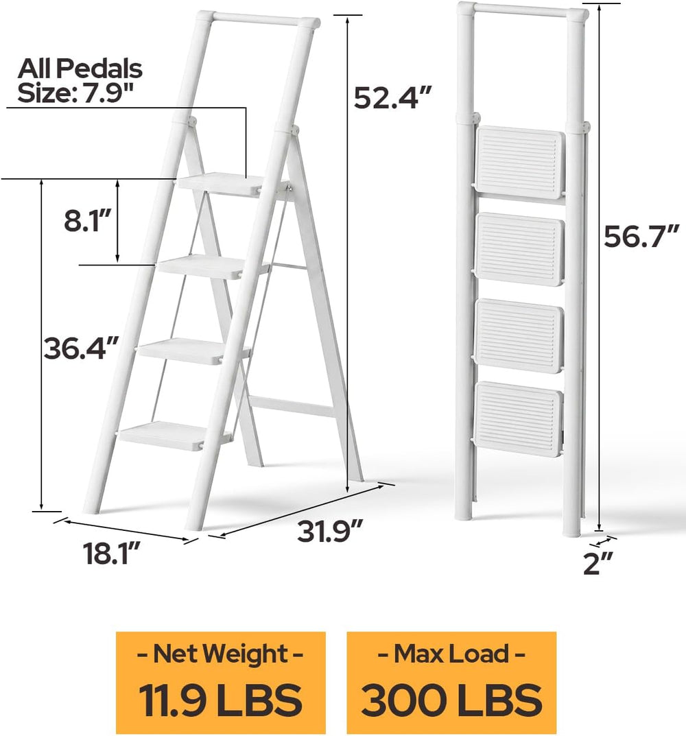 4 Step Ladder, Foldable 4 Step Stool, White