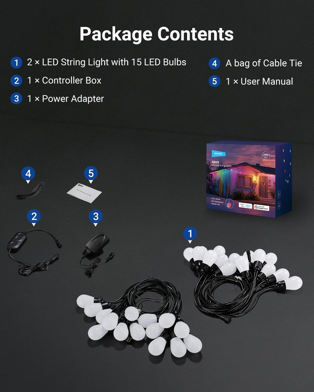 NEEWER NR01 96ft Outdoor String Lights, App Control Smart AI RGBW Lighting