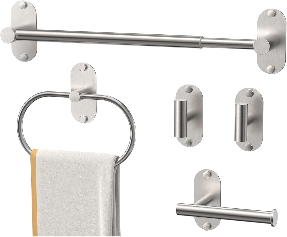 5-Piece Bathroom Hardware Set, Adhesive or Drill Wall Mount, Nickel