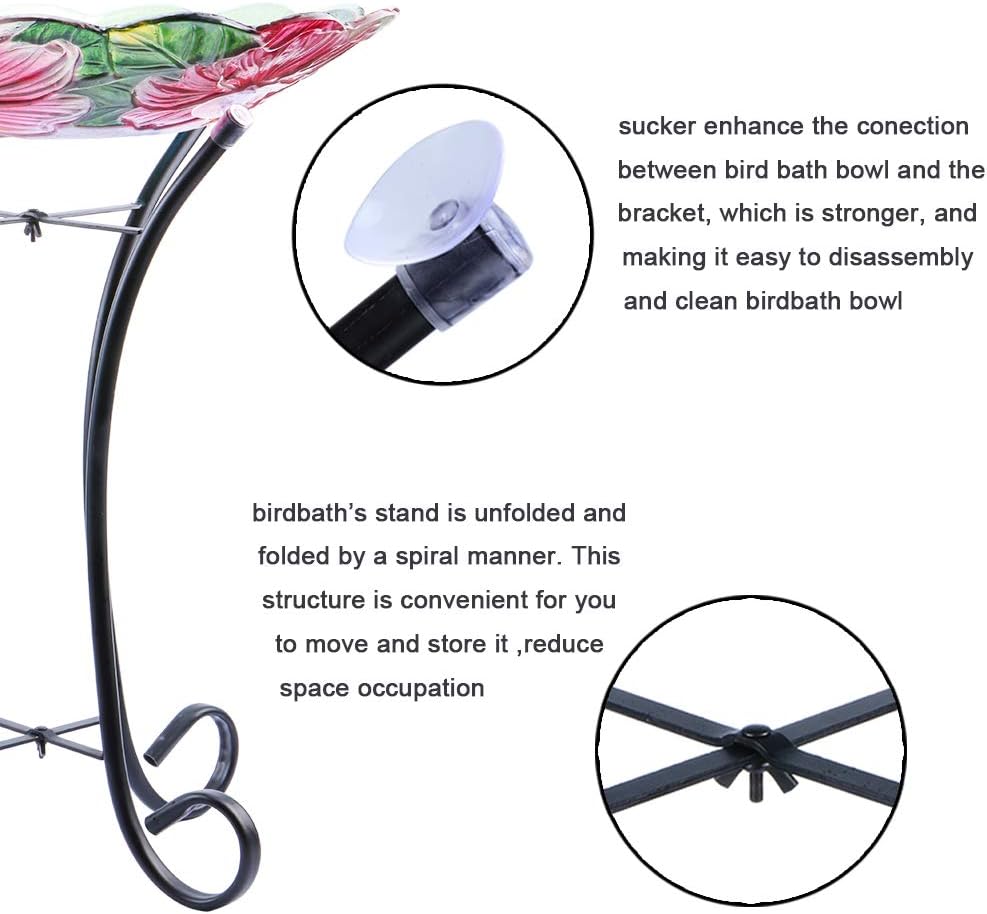 MUMTOP Outdoor Glass Birdbath with Metal Stand for Garden Hummingbird Decor