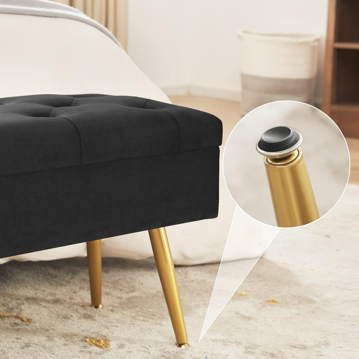 Gitrah Storage Bench Entryway Bench End of Bed Bench Ottoman Upholstered Velvet Bedroom Bench Tufted Bench with Golden Legs 32" Black