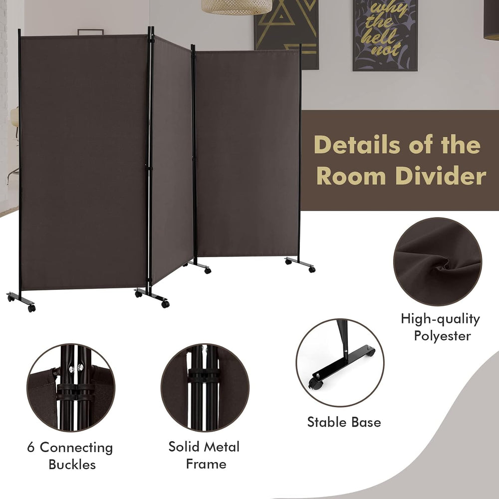 Giantex 3 Panel Folding Room Divider with Wheels, 103" x 71", Brown