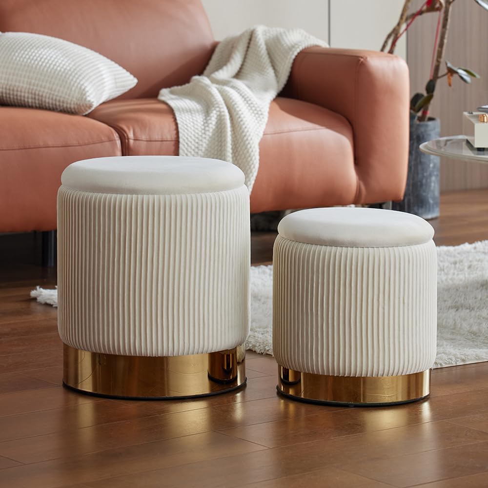 YYW HOME Round Ottoman with Storage Set of 2 White Vanity Stool Foot Rest