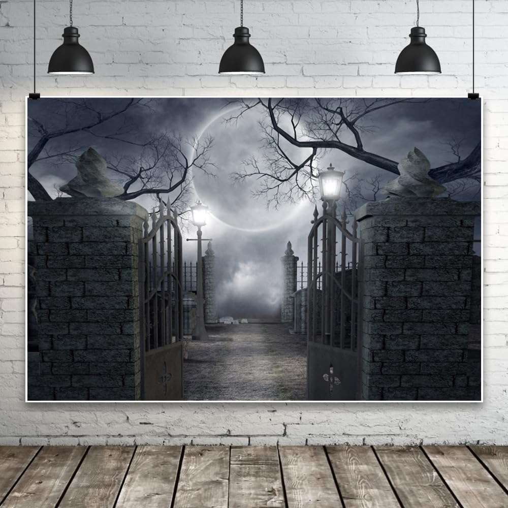 10x8ft Halloween Full Moon Cemetery Forest Photo Backdrop Decor