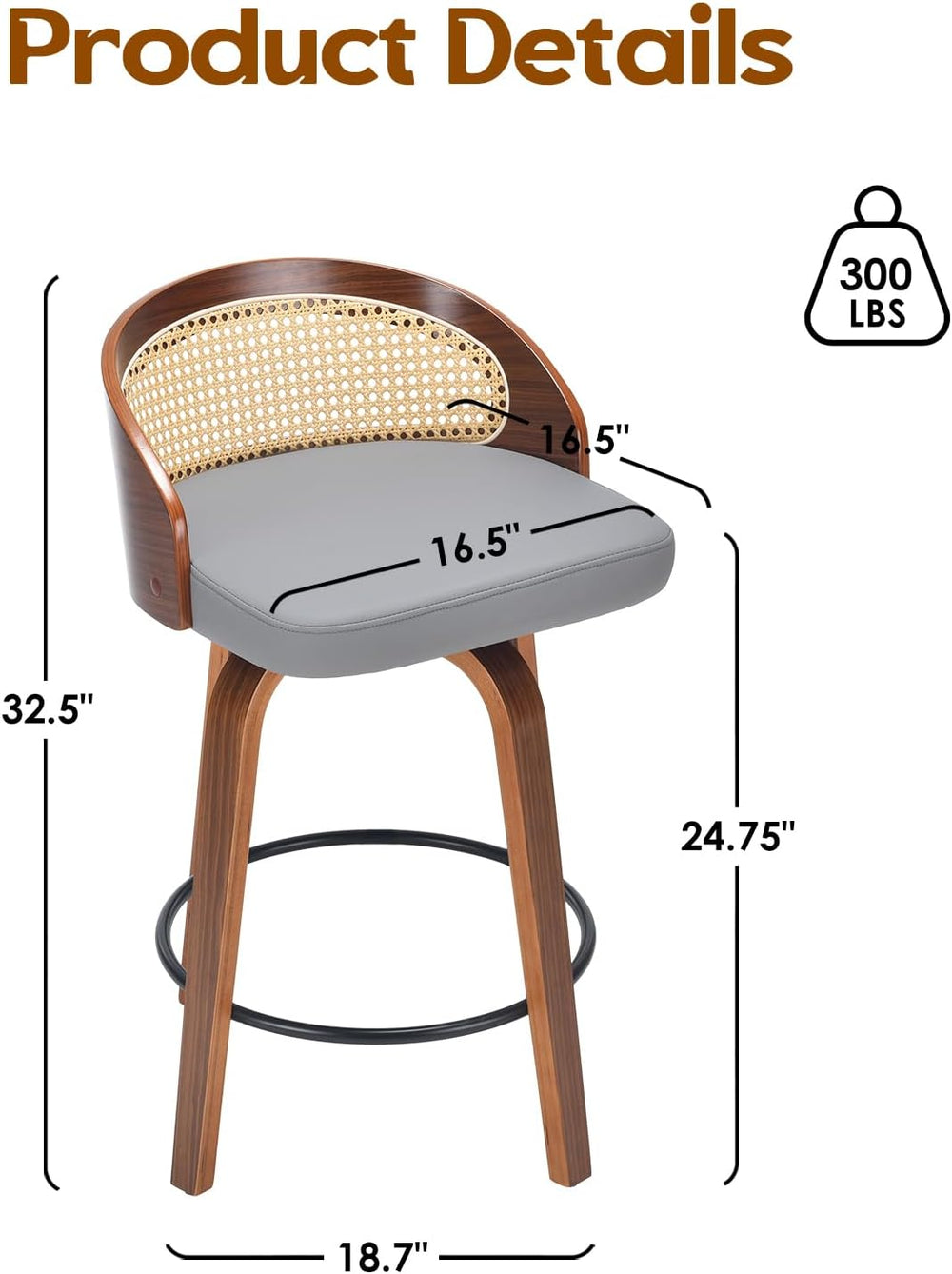 Soohow Swivel Bar Stools Set of 2, Upholstered Barstools with Rattan Back, Fo...