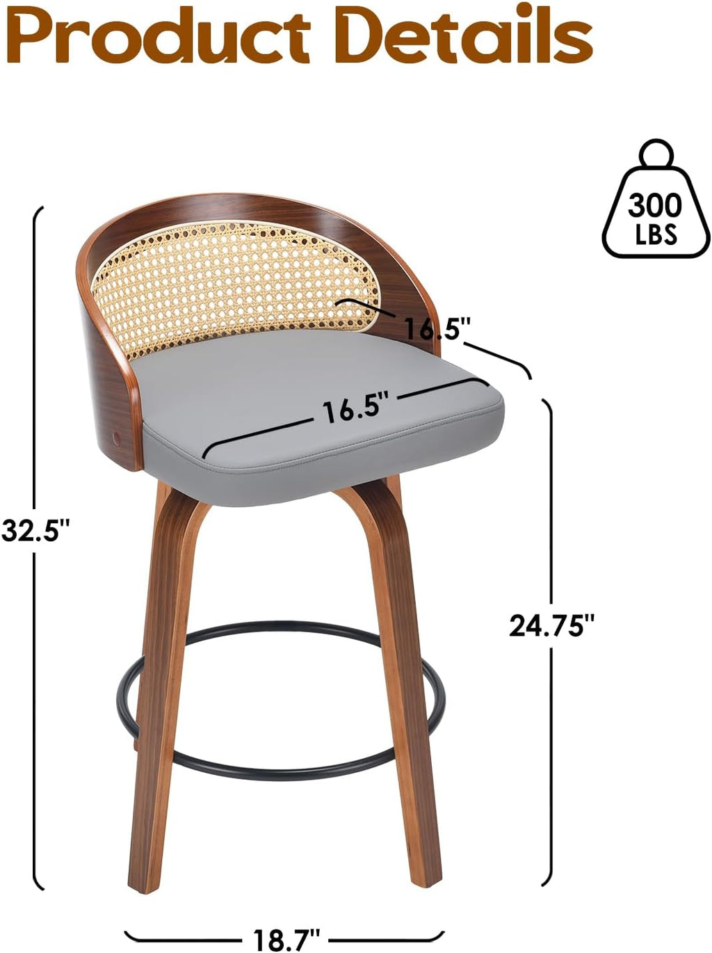 Soohow Swivel Bar Stools Set of 2, Upholstered Barstools with Rattan Back, Footrest, PU Leather Stool, 26 Inch Counter Height Bartools for Bar, Kitchen Counter, Dining Room, Grey