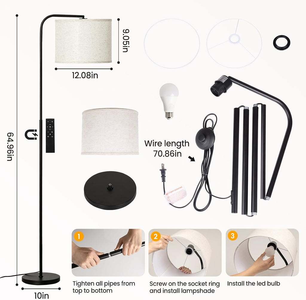Arc Floor Lamp with Remote and Dimmable Black Floor lamps for Living Room