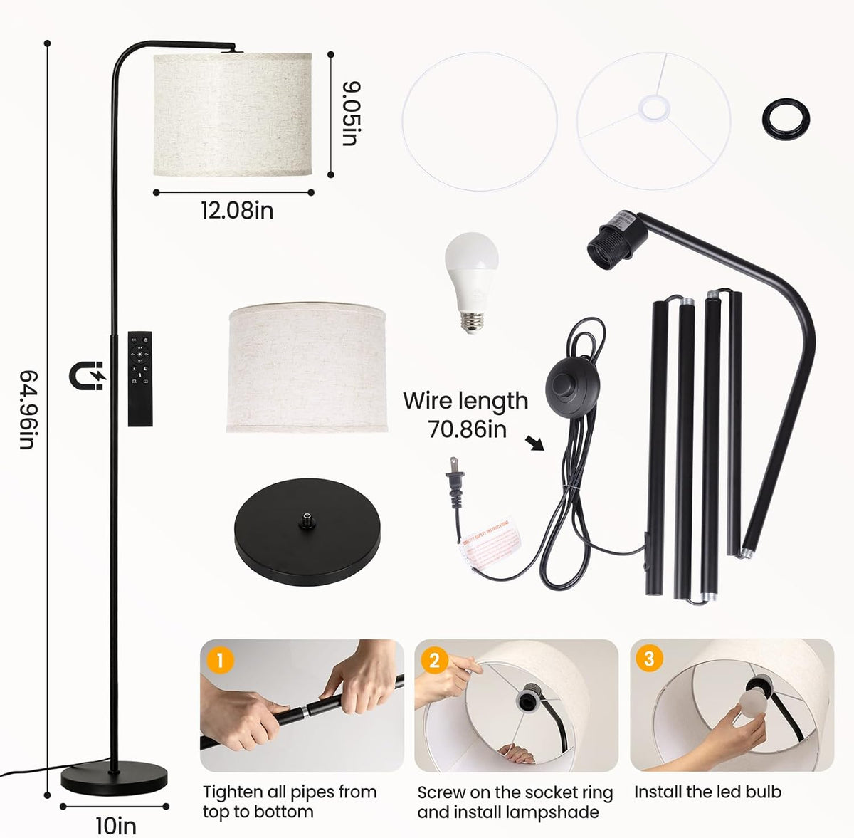 Arc Floor Lamp with Remote and Dimmable Black Floor lamps for Living Room